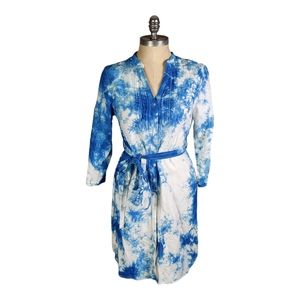 Beautiful Linen Tie Dye Blue White Belted Dress Sz M Pleated Chest Button Front